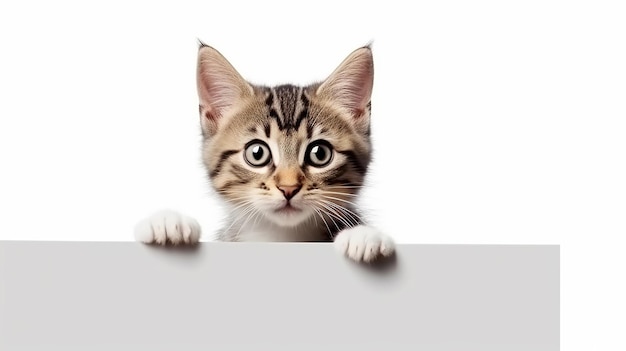 divertente gatto domestico che mostra un cartello isolato su sfondo bianco modello di banner web vuoto