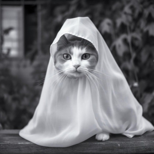 Divertente gatto domestico vestito con un lenzuolo bianco come fantasma per la festa di Halloween