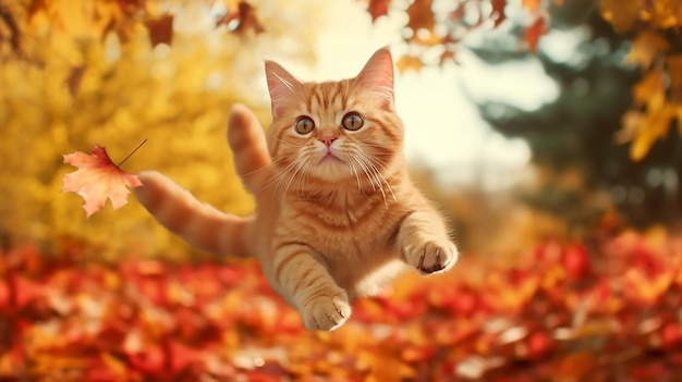 Divertente gatto rosso che vola in aria in autunno