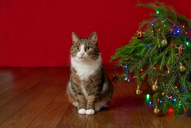 Divertente gatto seduto accanto a un albero di Natale su uno sfondo rosso, copia spazio