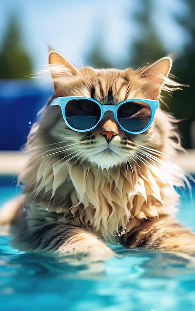 Divertente gatto soffice con occhiali da sole si rilassa in piscina mentre è in vacanza ai tropici Concetto di vacanza e viaggio