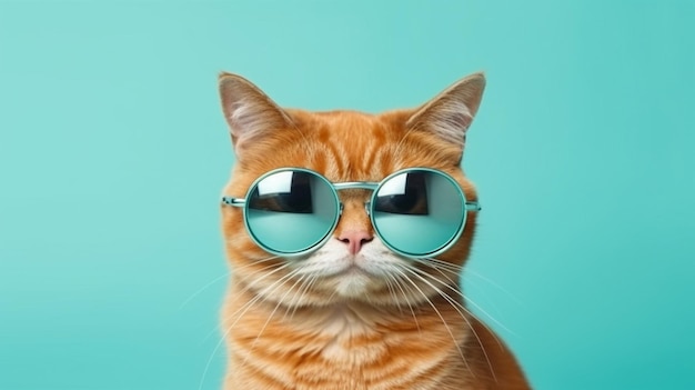 Divertente gatto zenzero che indossa occhiali da sole in primo piano ritratto isolato su ciano brillante Copyspace generativo AI
