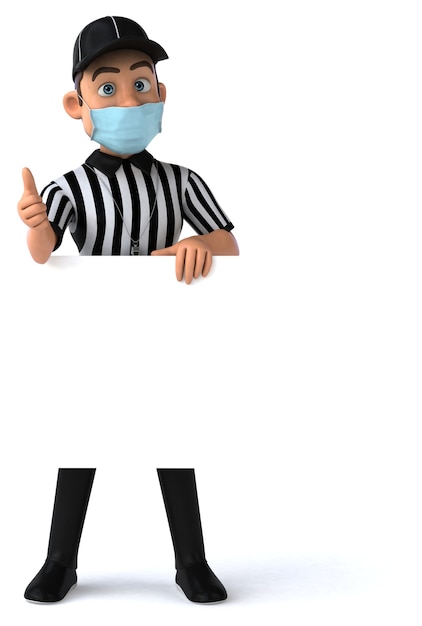 Divertente illustrazione 3D di un arbitro americano con un cartello