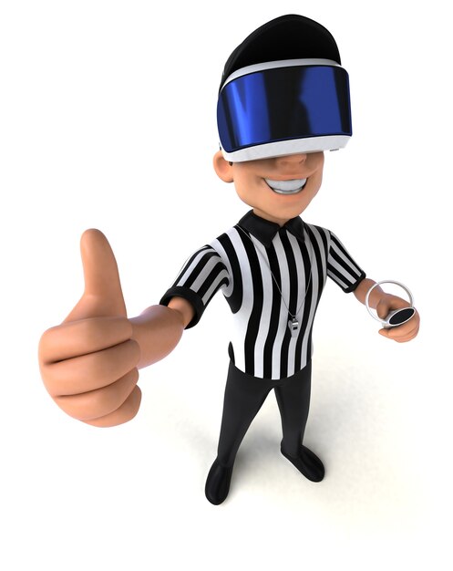 Divertente illustrazione 3D di un arbitro con un casco VR