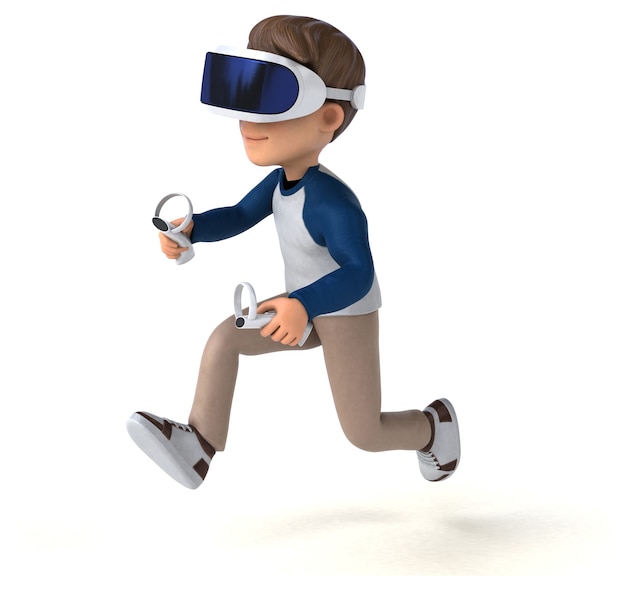 Divertente illustrazione 3D di un bambino cartone animato con un casco VR