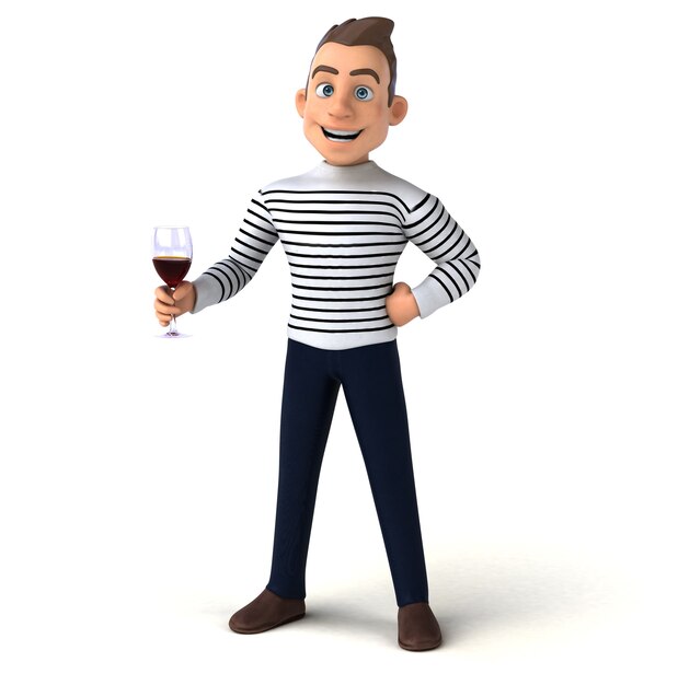 Divertente illustrazione 3D di un personaggio dei cartoni animati con un bicchiere di vino