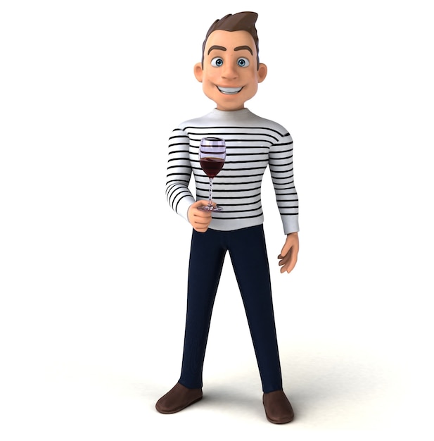 Divertente illustrazione 3D di un personaggio dei cartoni animati con un bicchiere di vino