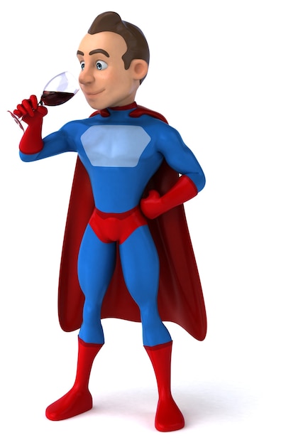 Divertente illustrazione 3D di un personaggio dei cartoni animati con un bicchiere di vino