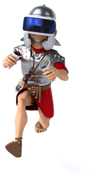 Divertente illustrazione 3D di un soldato romano con un visore VR
