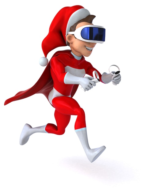 Divertente illustrazione 3D di un super Babbo Natale con un casco VR