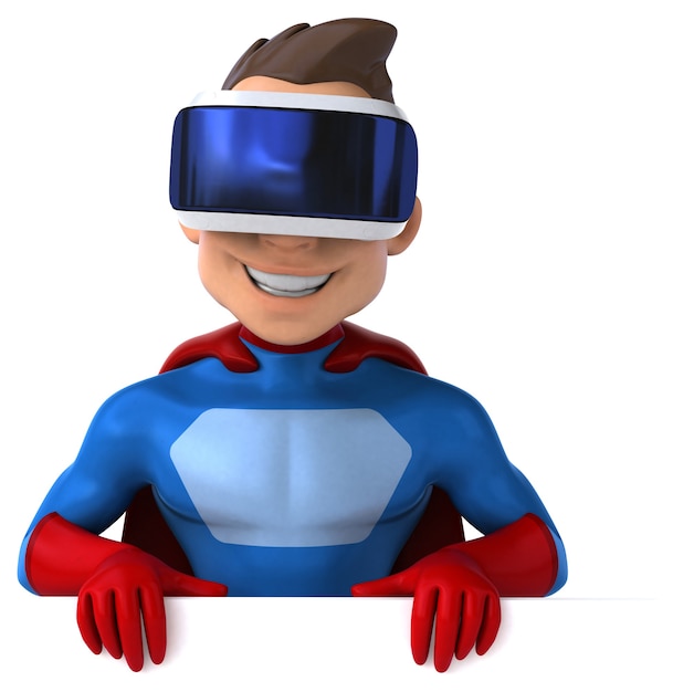 Divertente illustrazione 3D di un supereroe con un casco VR