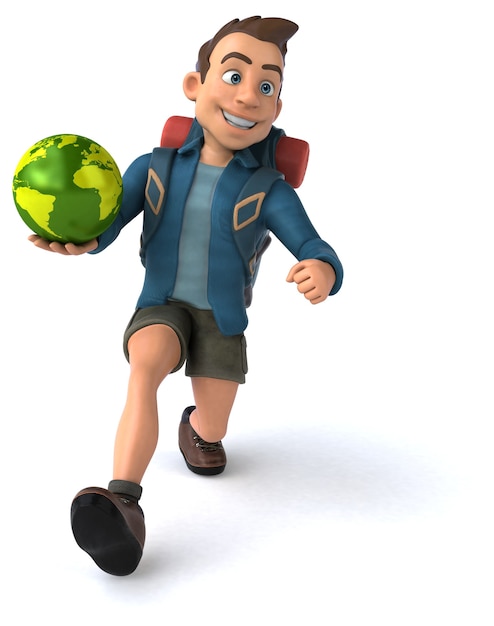 Divertente illustrazione di un backpacker cartone animato in 3D