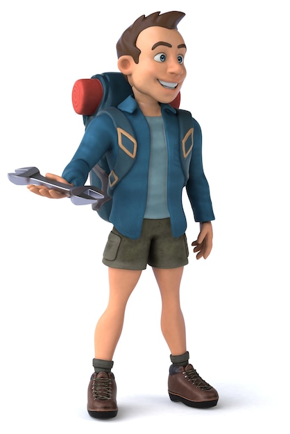 Divertente illustrazione di un backpacker cartone animato in 3D