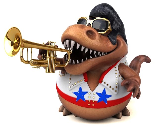 Divertente illustrazione in cartone animato 3D di un trex rocker