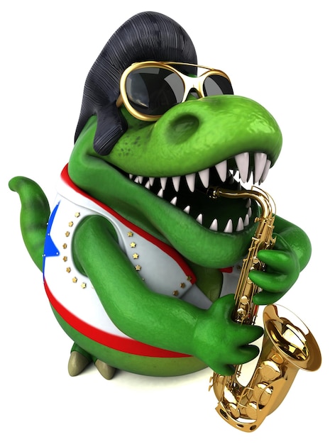 Divertente illustrazione in cartone animato 3D di un trex rocker
