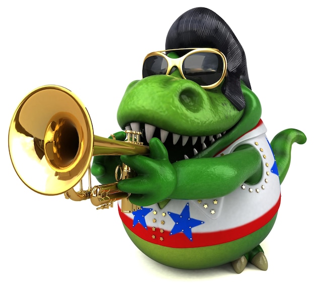 Divertente illustrazione in cartone animato 3D di un trex rocker