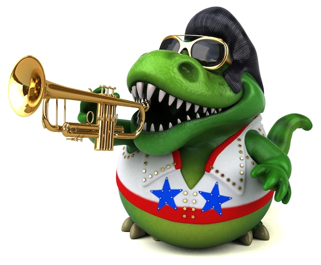 Divertente illustrazione in cartone animato 3D di un trex rocker