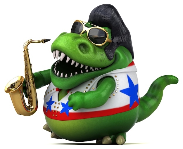 Divertente illustrazione in cartone animato 3D di un trex rocker