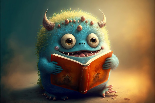 Divertente libro di lettura di creature fantasy simpatico mostro legge libri generativi ai