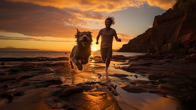 Divertente passeggiata con il cane sull'oceano al tramonto