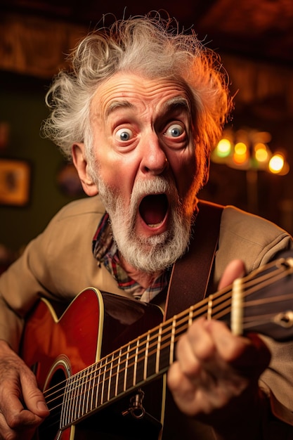 divertente pazzo uomo anziano sguardo sorpreso a suonare la chitarra