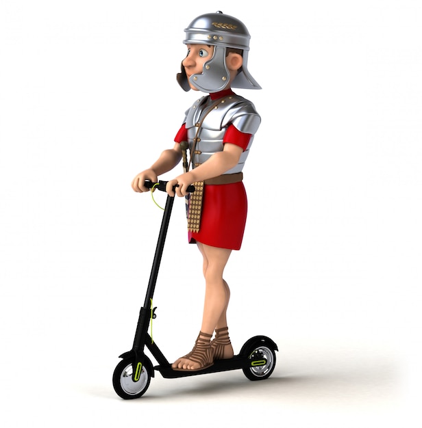 Divertente personaggio dei cartoni animati su uno scooter elettrico