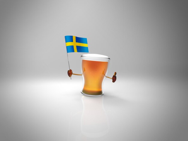 Divertente personaggio della birra illustrato con in mano la bandiera della Svezia