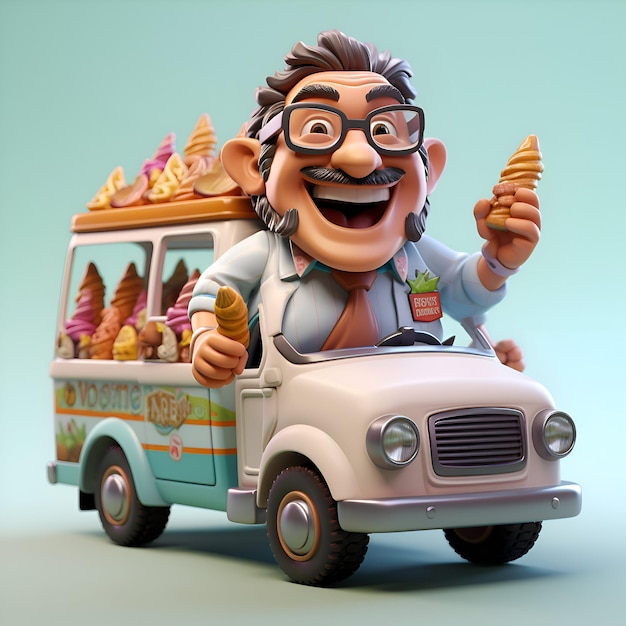 Divertente ragazzo cartoon con camion dei gelati 3D reso illustrazione