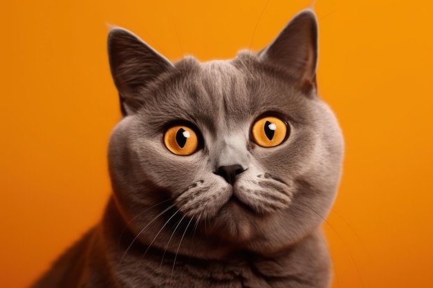 divertente ritratto di gatto british shorthair che sembra scioccato o sorpreso su sfondo arancione con copia spa