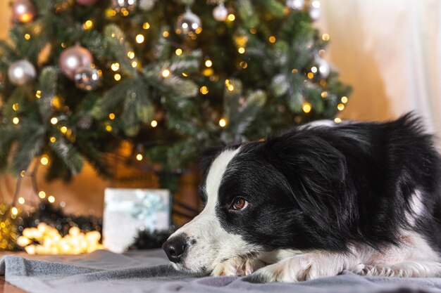 Divertente ritratto di simpatico cucciolo di cane border collie con confezione regalo e luci di ghirlanda sfocate sdraiate