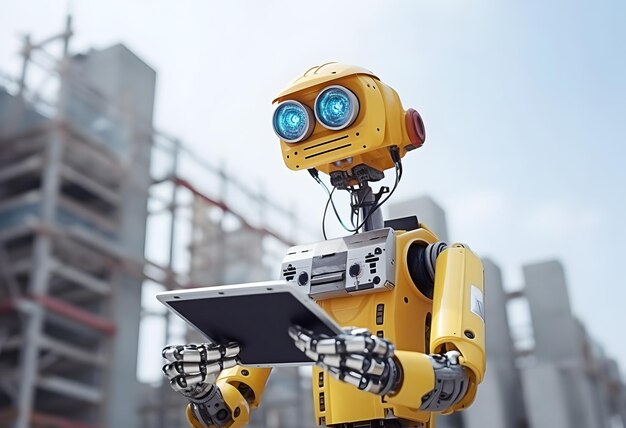 Divertente robot umanoide giallo che utilizza un tablet portatile in piedi sul cantiere su sfondo di edificio incompiuto