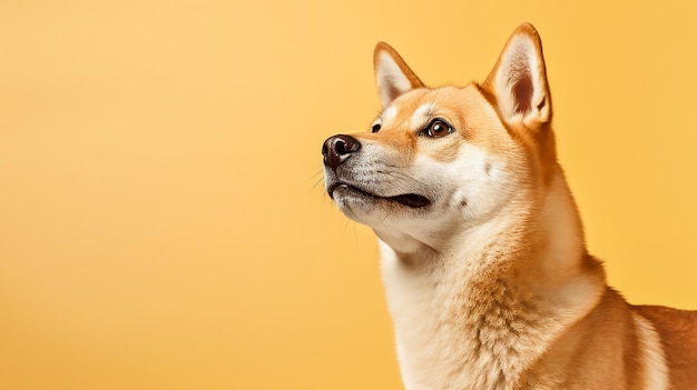 Divertente simpatico cane Shiba su sfondo giallo studio Ai generativa