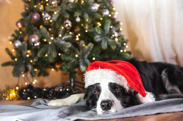 Divertente simpatico cucciolo di cane border collie indossando il costume di Natale rosso cappello di Babbo Natale sdraiato vicino all'albero di Natale a casa indoor Preparazione per le vacanze Buon Natale concetto