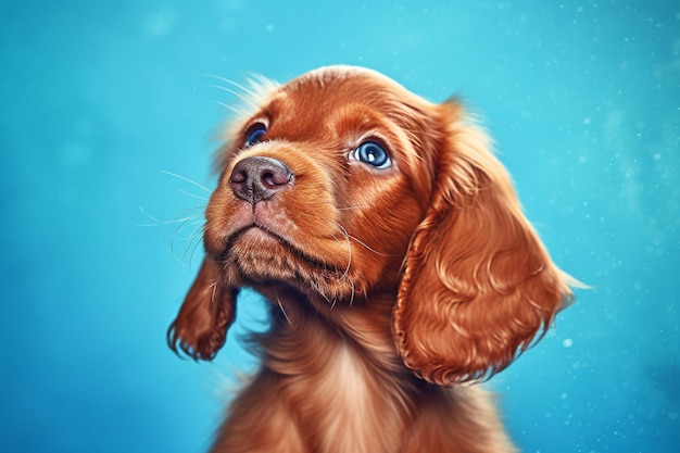 Divertente simpatico cucciolo di razza cocker spaniel dorato su sfondo blu generato dall'intelligenza artificiale