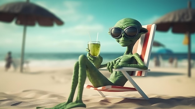 Divertente turista alieno verde va in vacanza al mare rilassandosi sulla sedia a sdraio con una bevanda tropicale Generativo AixA