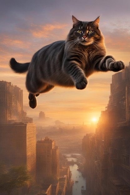 divertenti baffi di gatto coraggiosi che saltano da un edificio all'altro al tramonto divertenti illustrazioni a fumetti