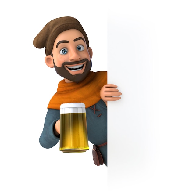Divertenti cartoni animati 3D uomo medievale con una birra
