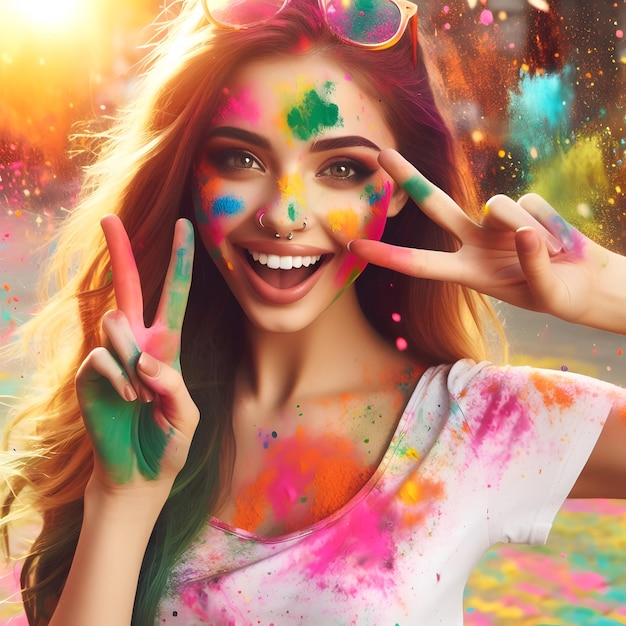 Divertimento con i colori Un vibrante spruzzo di colori e una giovane donna che celebra il festival di Holi