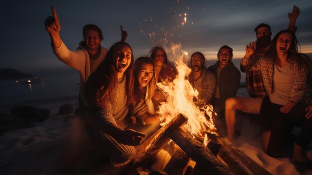 Divertimento con un falò sulla spiaggia con un gruppo