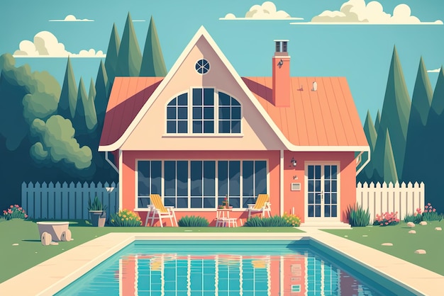 Divertimento estivo al sole in una piscina all'aperto con sedie a sdraio e un'illustrazione di progettazione piatta
