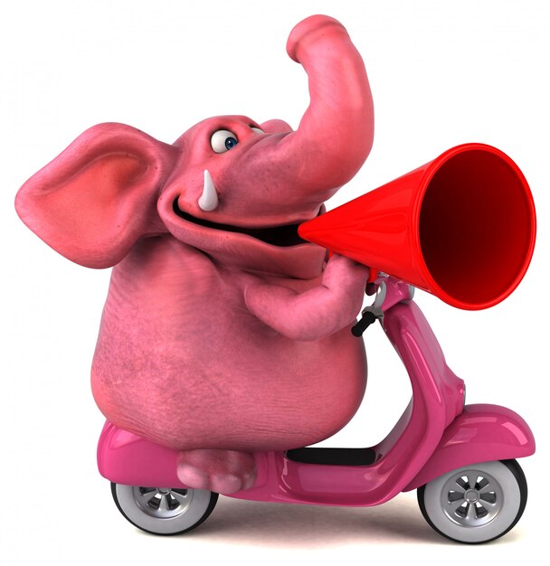 Divertimento illustrato elefante rosa 3D su uno scooter