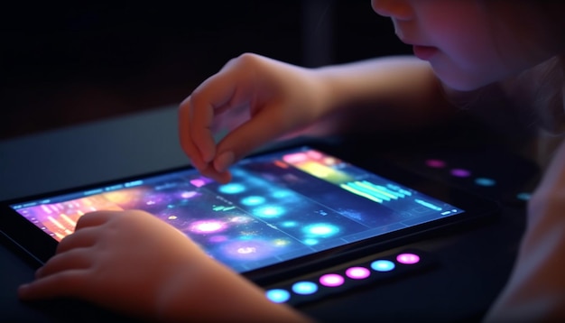 Divertimento infantile giocando con la tecnologia al chiuso di notte generato dall'intelligenza artificiale
