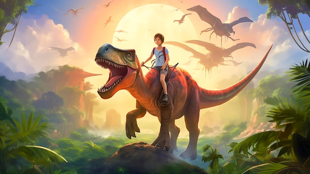 Divertiti con il dinosauro dei cartoni animati sullo sfondo della giungla illustrazione vettoriale a tema del parco giurassico