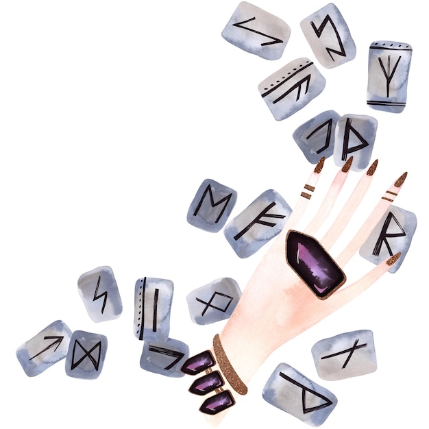 Divinazione delle rune: una mano femminile e aggraziata con anelli e braccialetti dispone le pietre per predire il