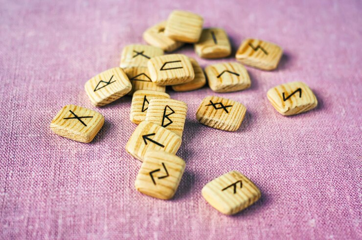 Foto divinazione sulle rune. rune in legno sparse sullo sfondo del tessuto, fuoco selettivo.