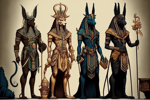 Divinità egiziane tra cui Anubis Seth Hathor e Horus