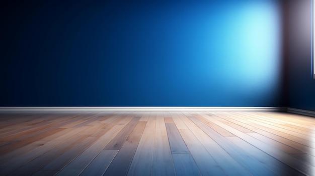 Divisorio di spurgo blu e pavimento in legno con bagliore curiosamente leggero All'interno della base per l'introduzione Risorsa creativa generata dall'intelligenza artificiale