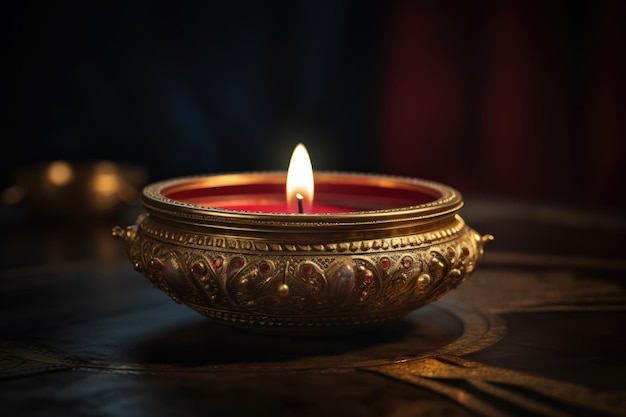 Diwali Deepavali Festival indù Diya Lampada su un tavolo Candela che brucia nel buio primo piano