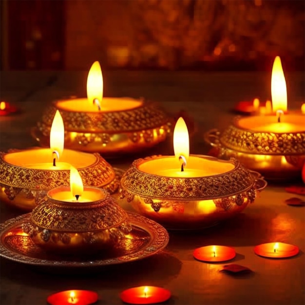 Diwali Diya o lampada a olio festival isolato di luci con sfondo dorato