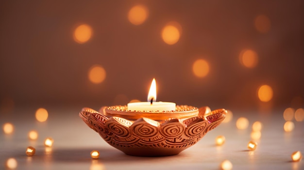 Diwali Diya o lampada in argilla su sfondo chiaro